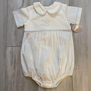 NWT Baby Sen Cream Cotton Collared Bubble Romper with Embroidered Cross, boys 4T